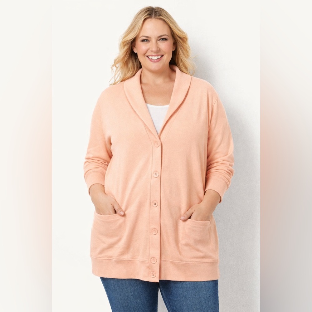 Woman Within Cardigan‎ Women's Sz Large Peach Sweater Cotton Blend Front Pockets